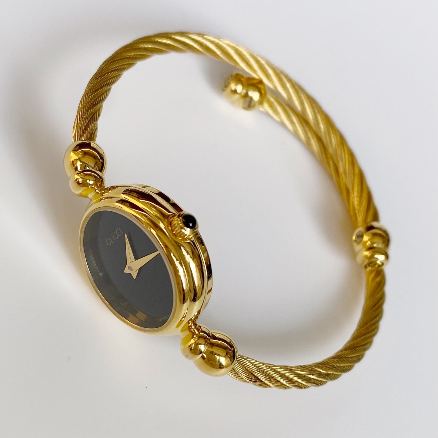 Gucci 1990s Black Dial Gold Plated Cable Bangle Watch