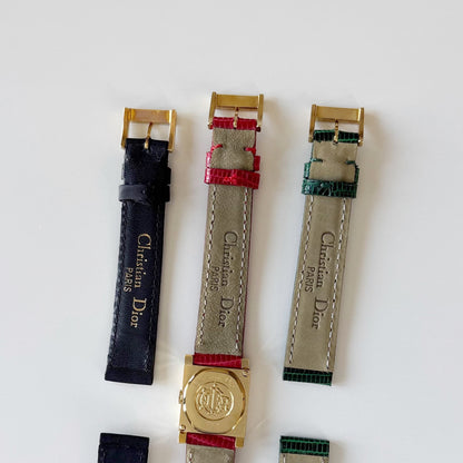 Dior 1990s La Parisienne Interchangeable Strap Square Dial Gold Plated Watch with 3 straps, case