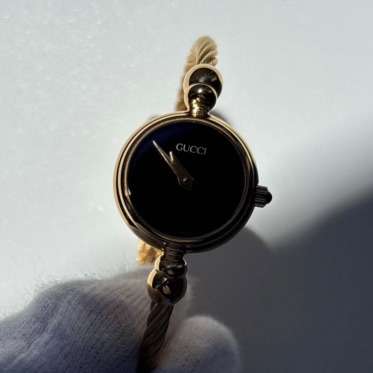 Gucci 1990s Black Dial Gold Plated Cable Bangle Watch