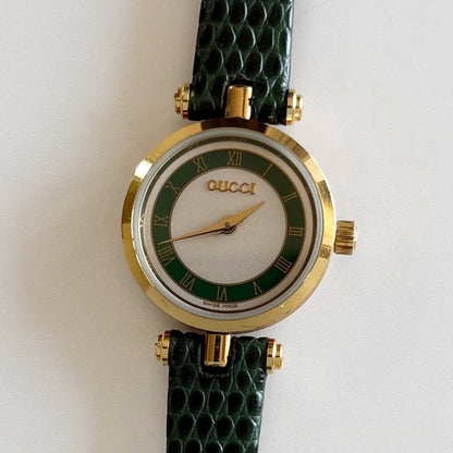 Gucci 1990s Round Dial Green Gold Plated Watch