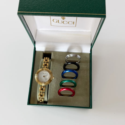 Gucci 1990s Interchangeable Bezel Gold Plated Watch with 6 bezels, case (167mm)