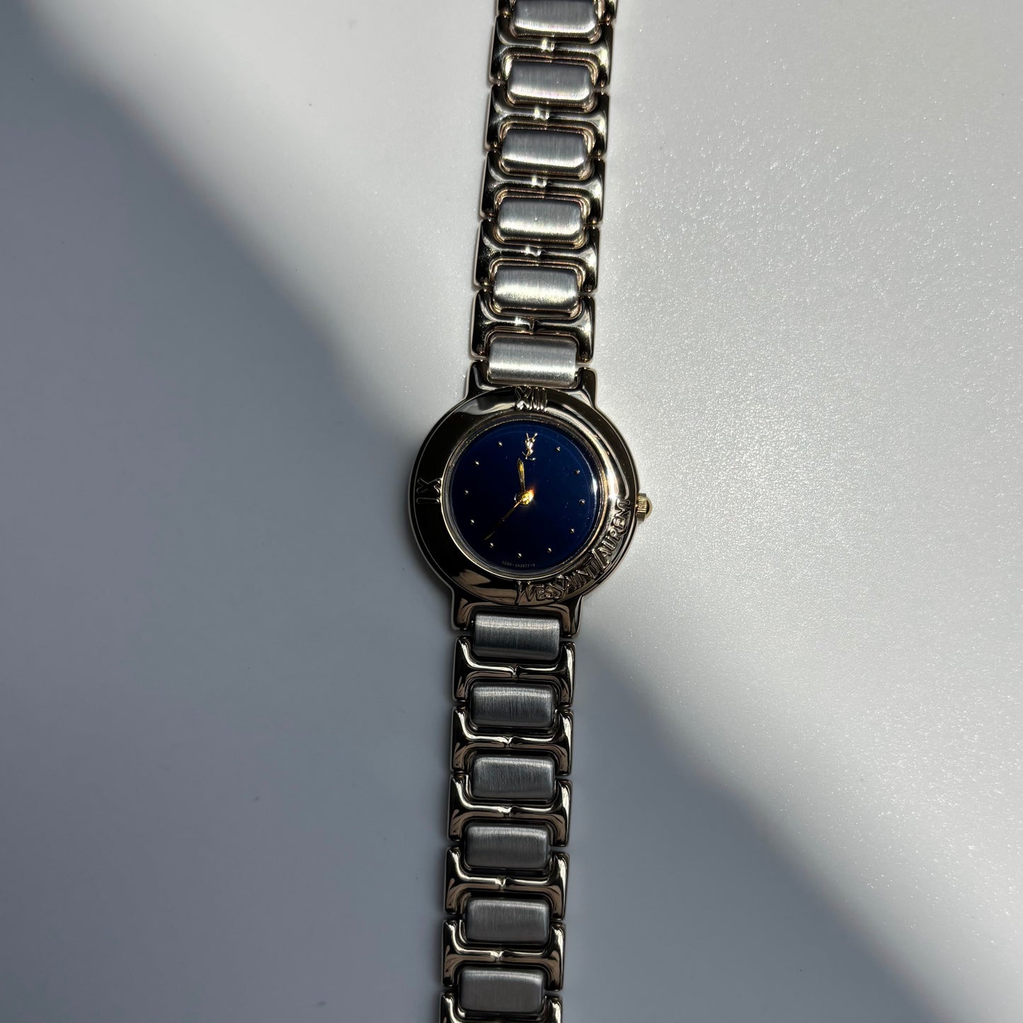 Yves Saint Laurent 1990s Navy Round Dial Two Tone Gold Plated Watch