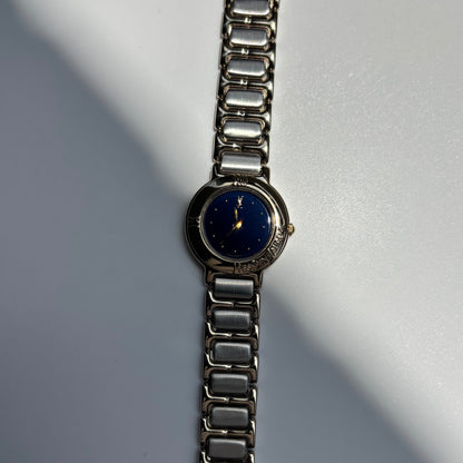 Yves Saint Laurent 1990s Navy Round Dial Two Tone Gold Plated Watch