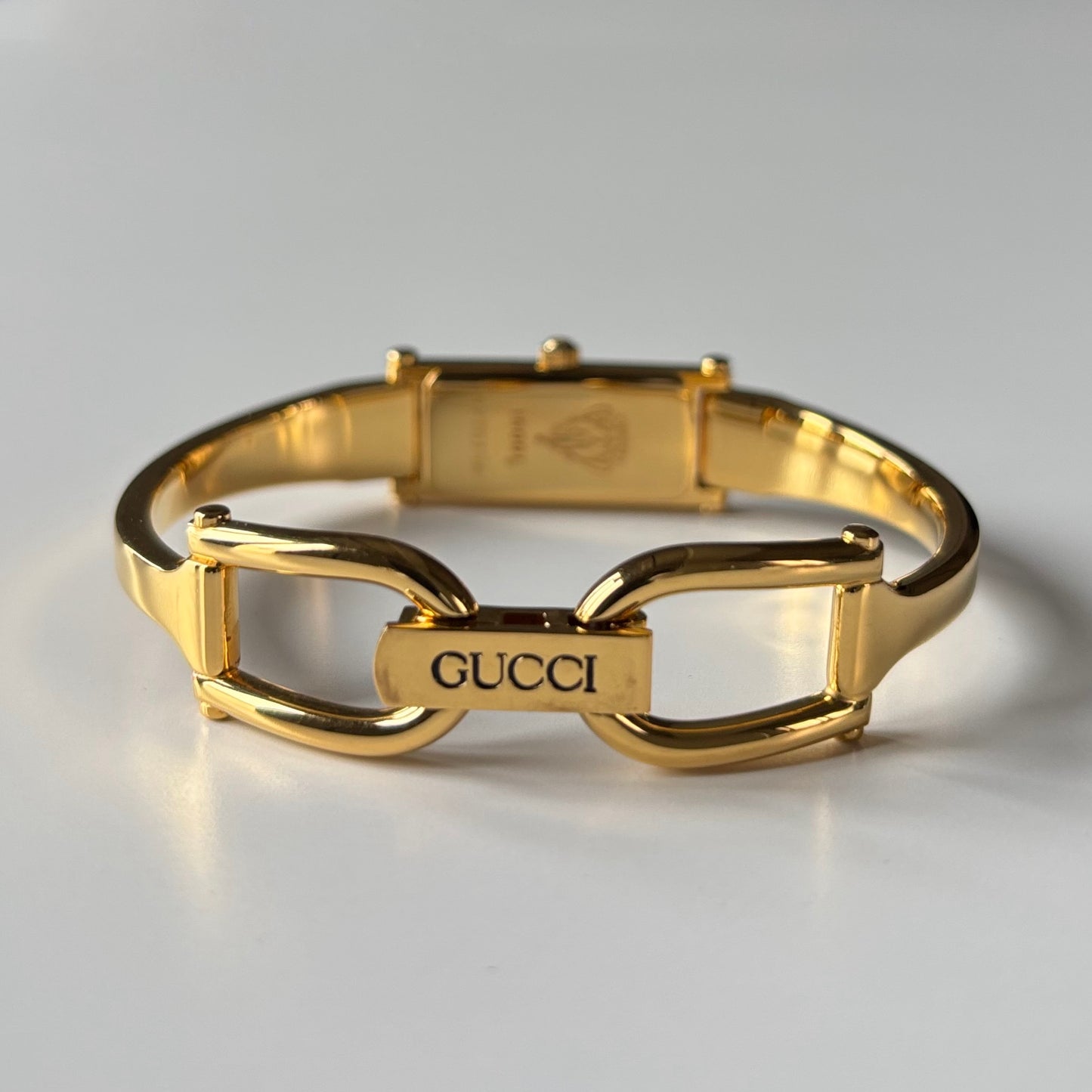 Gucci 1990s Seashell Rectangular Dial Gold Plated Bangle Watch
