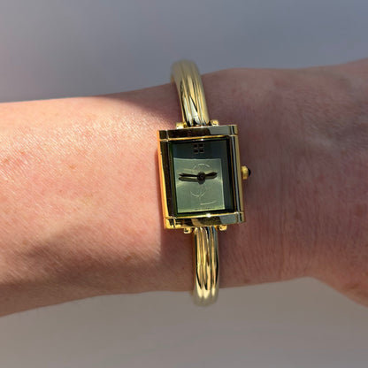 Yves Saint Laurent 1990s Green Dial Gold Plated Bangle Watch
