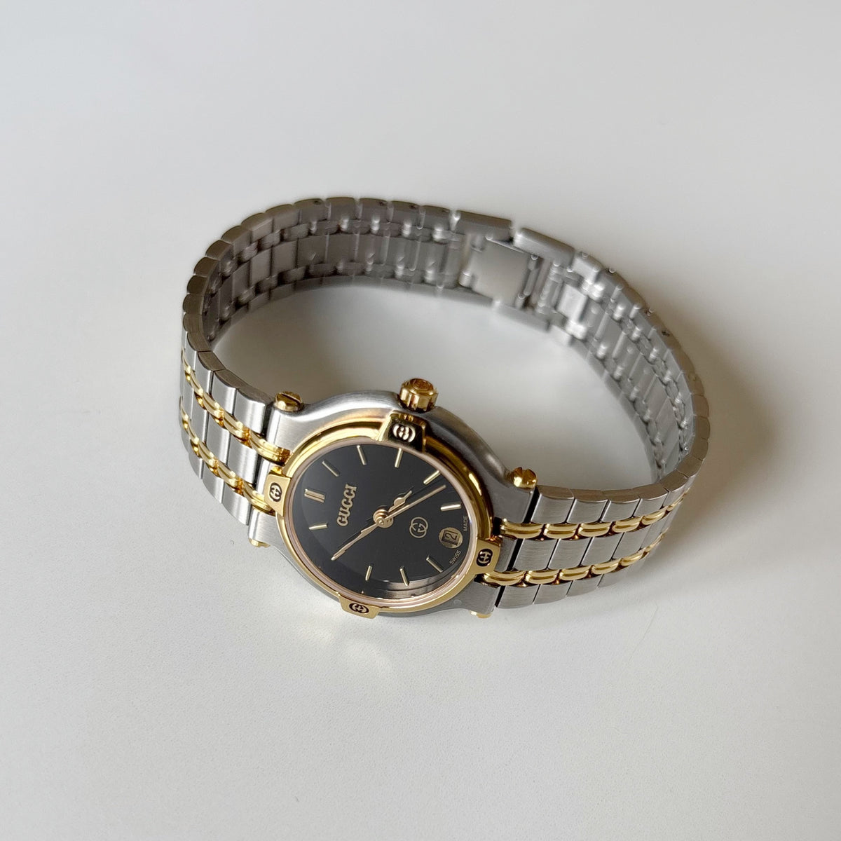 Gucci 1990s Black Dial Gold Plated Two Tone Watch