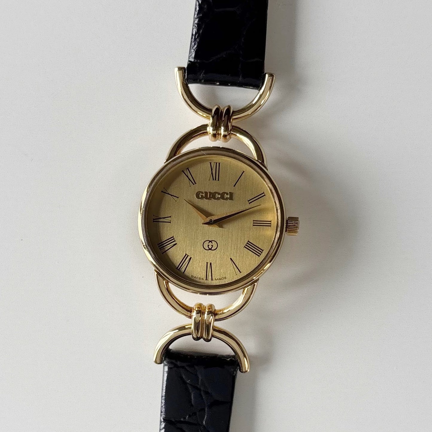 Gucci 1980s Round Dial Horsebit Gold Plated Watch
