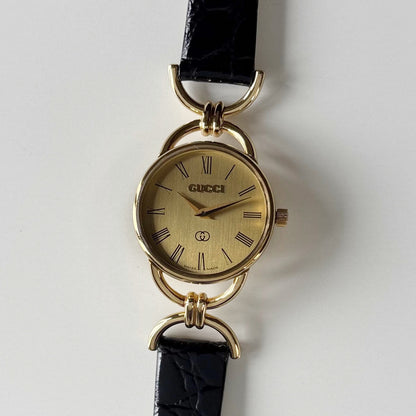Gucci 1980s Round Dial Horsebit Gold Plated Watch