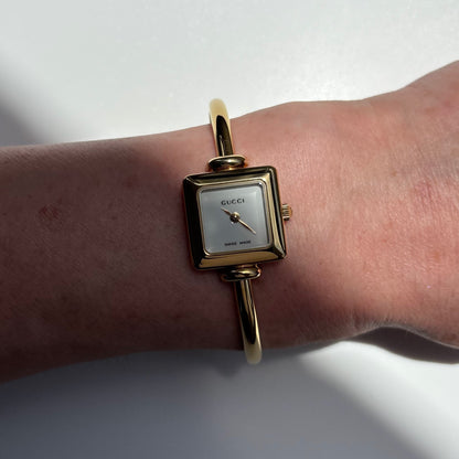 Gucci 1990s Square Dial Gold Plated Bangle Watch