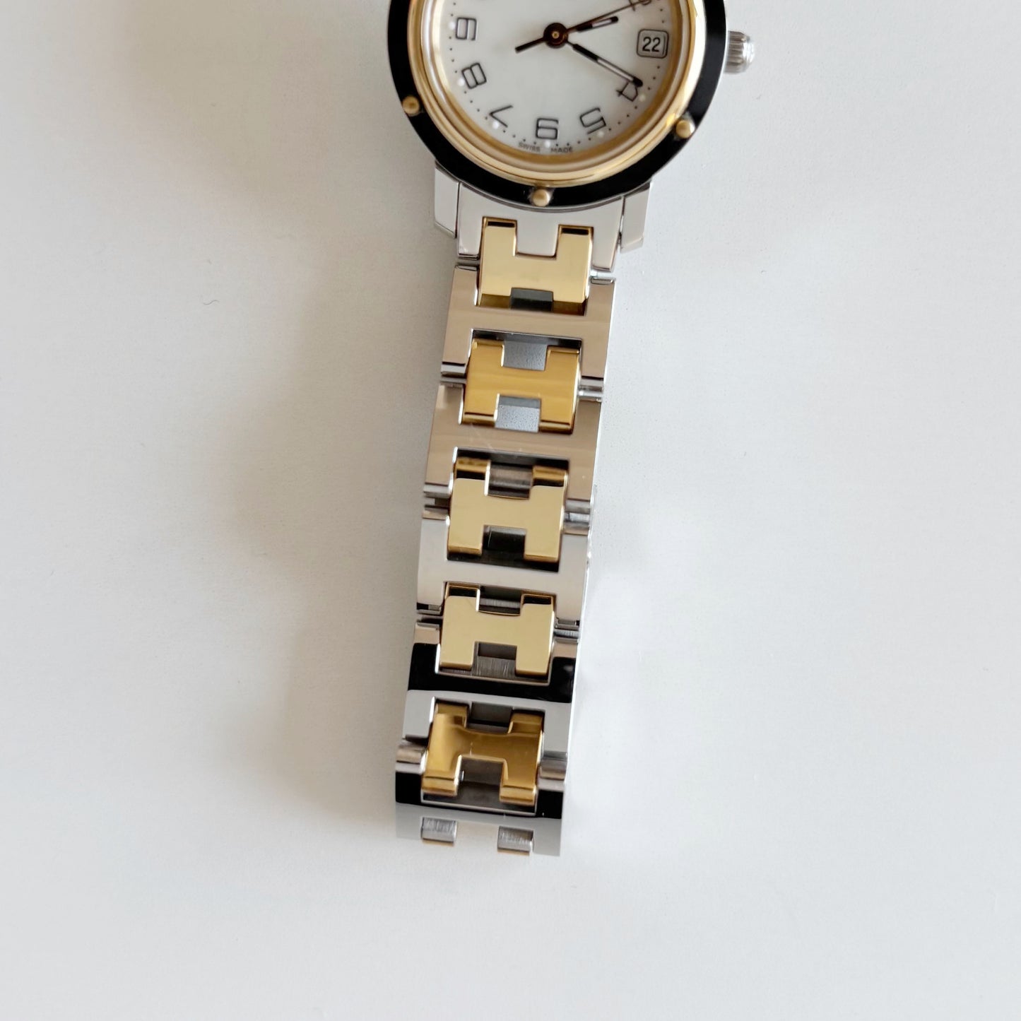 Hermes Early 2000s Clipper Seashell Dial Gold Plated Two Tone Watch