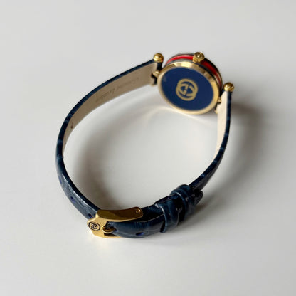 Gucci 1990s Blue Round Dial Gold Plated Watch