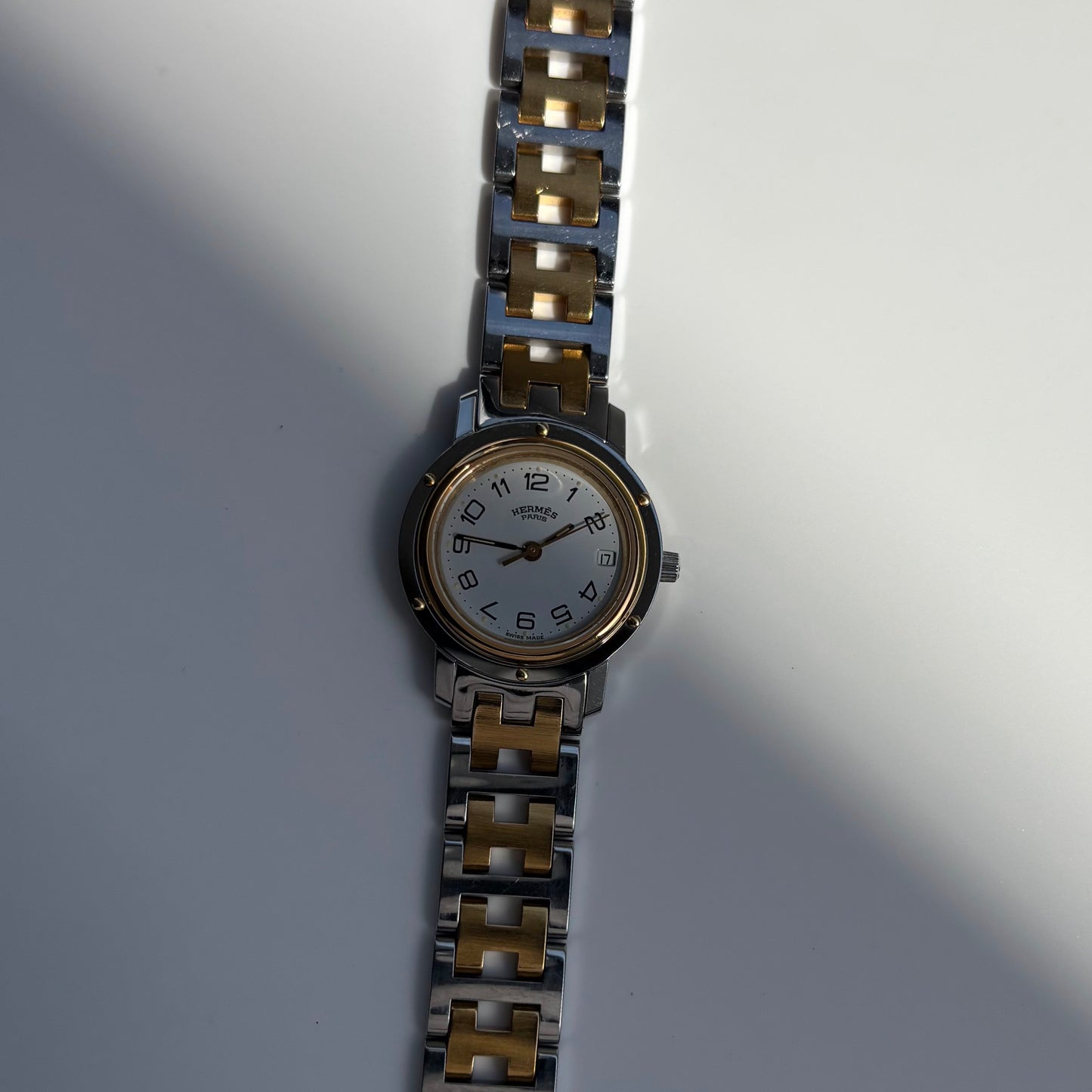 Hermes Early 2000s Clipper White Round Dial Two Tone Watch