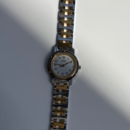 Hermes Early 2000s Clipper White Round Dial Two Tone Watch