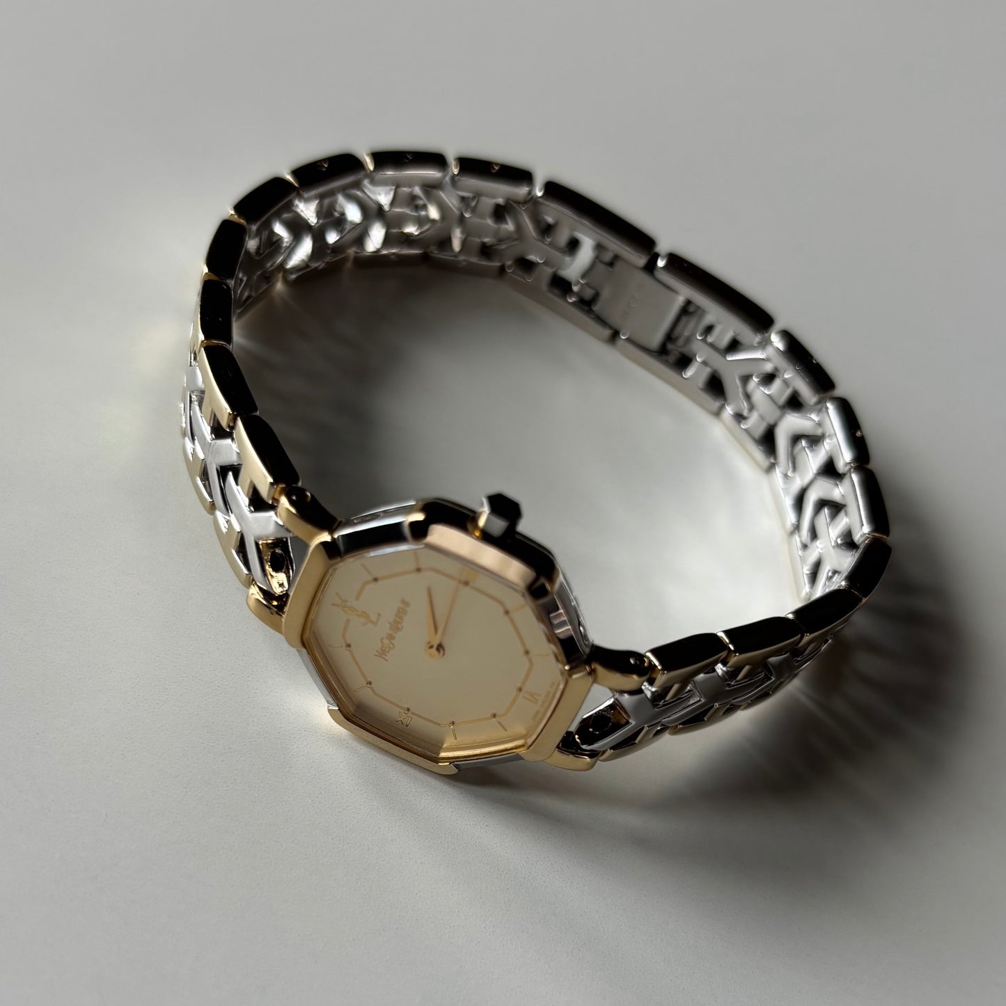 Yves Saint Laurent 1990s Octagon Gold Plated Two Tone Watch