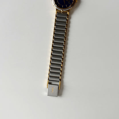 Yves Saint Laurent 1990s Navy Round Dial Two Tone Watch