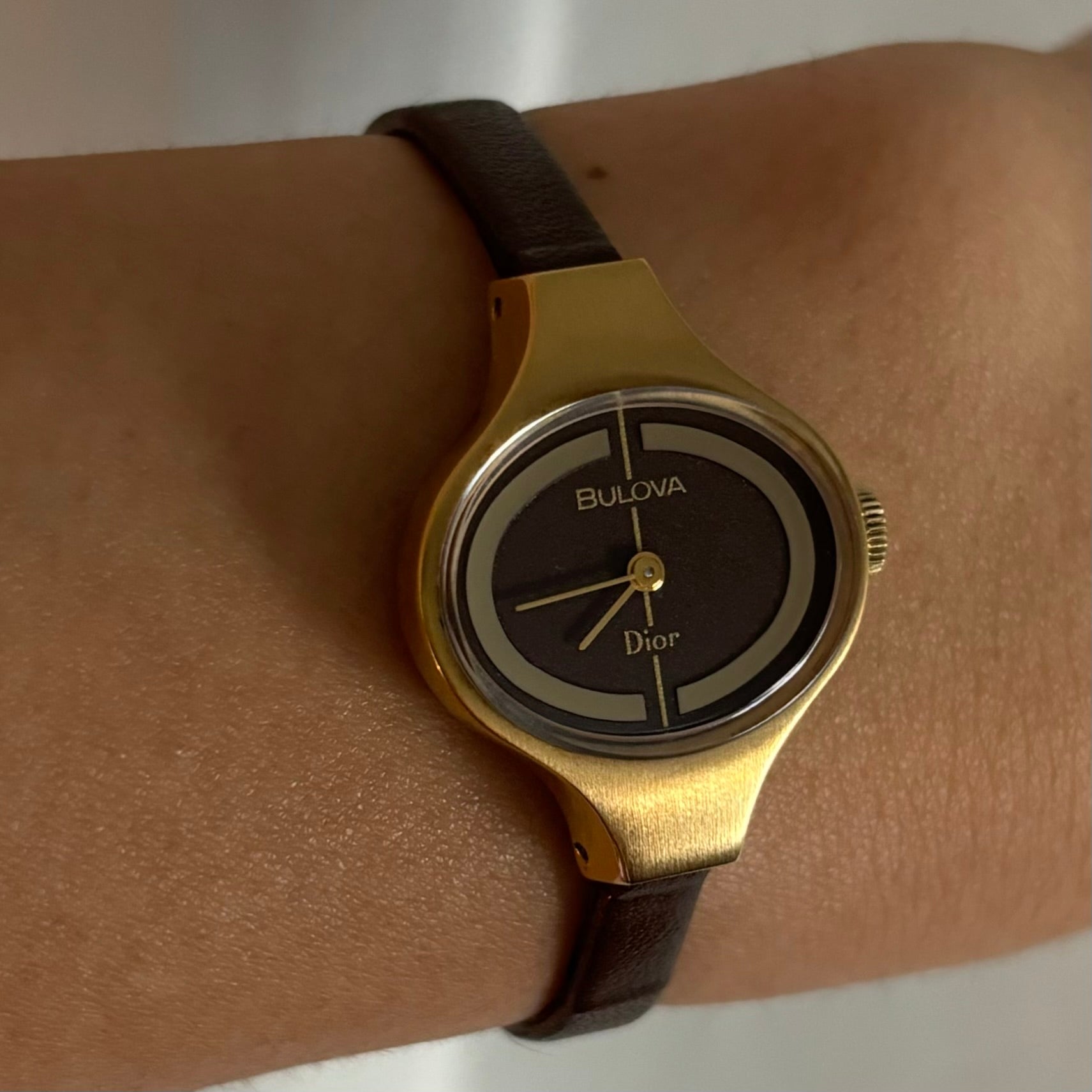 Dior x Bulova 1970s Hand-Winding Gold Plated Oval Leather