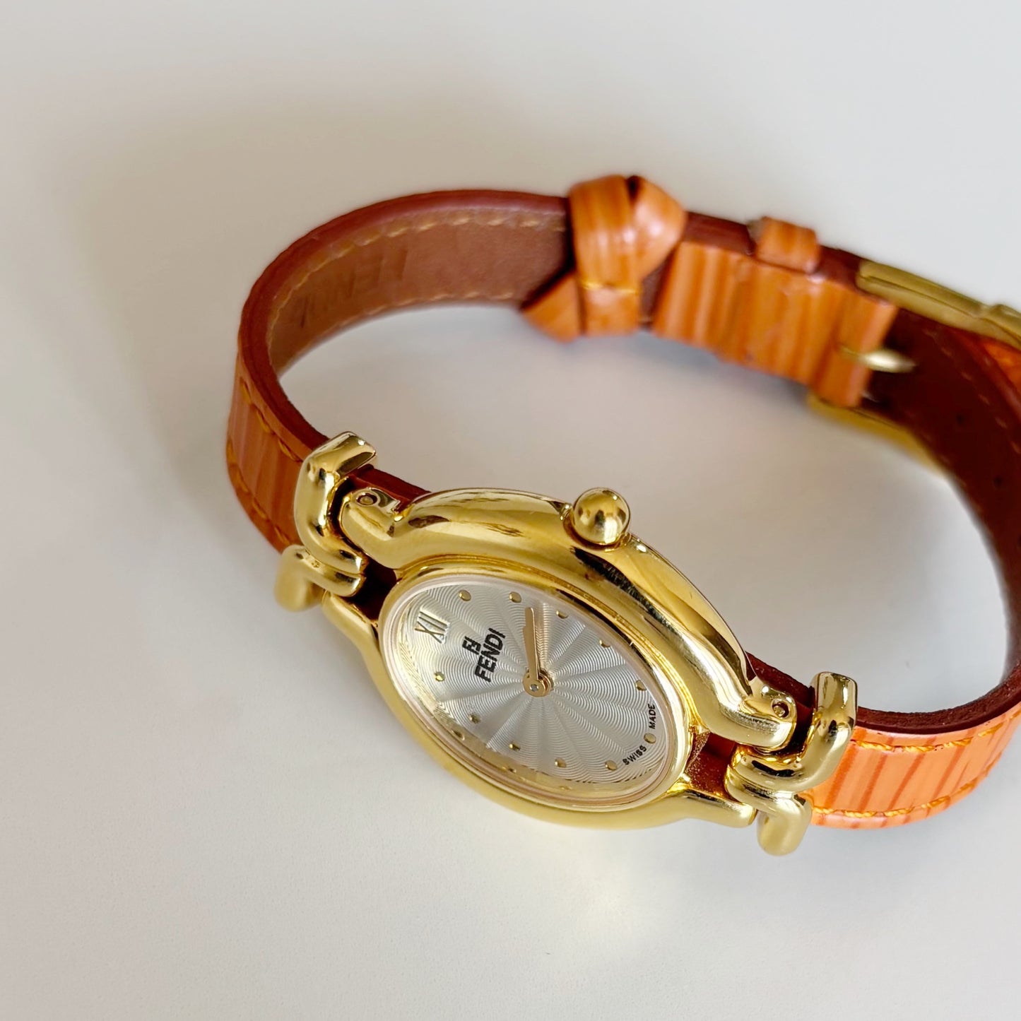 Fendi 1990s Interchangeable Belt Gold Plated  Watch with 5 belts, case