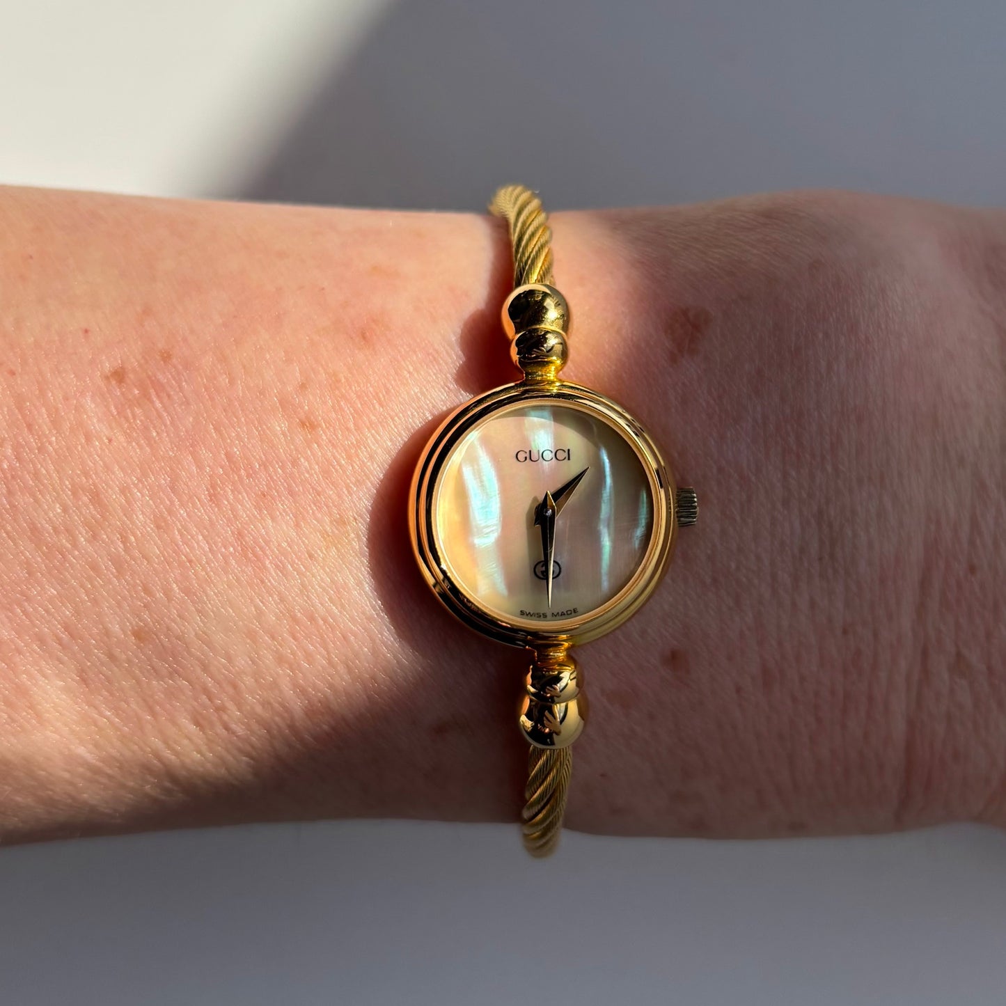 Gucci 1990s Seashell Dial Gold Plated Cable Bangle Watch