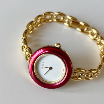 Gucci 1990s Interchangeable Bezel Gold Plated Rice Chain Watch with case, 6 bezels (160mm)