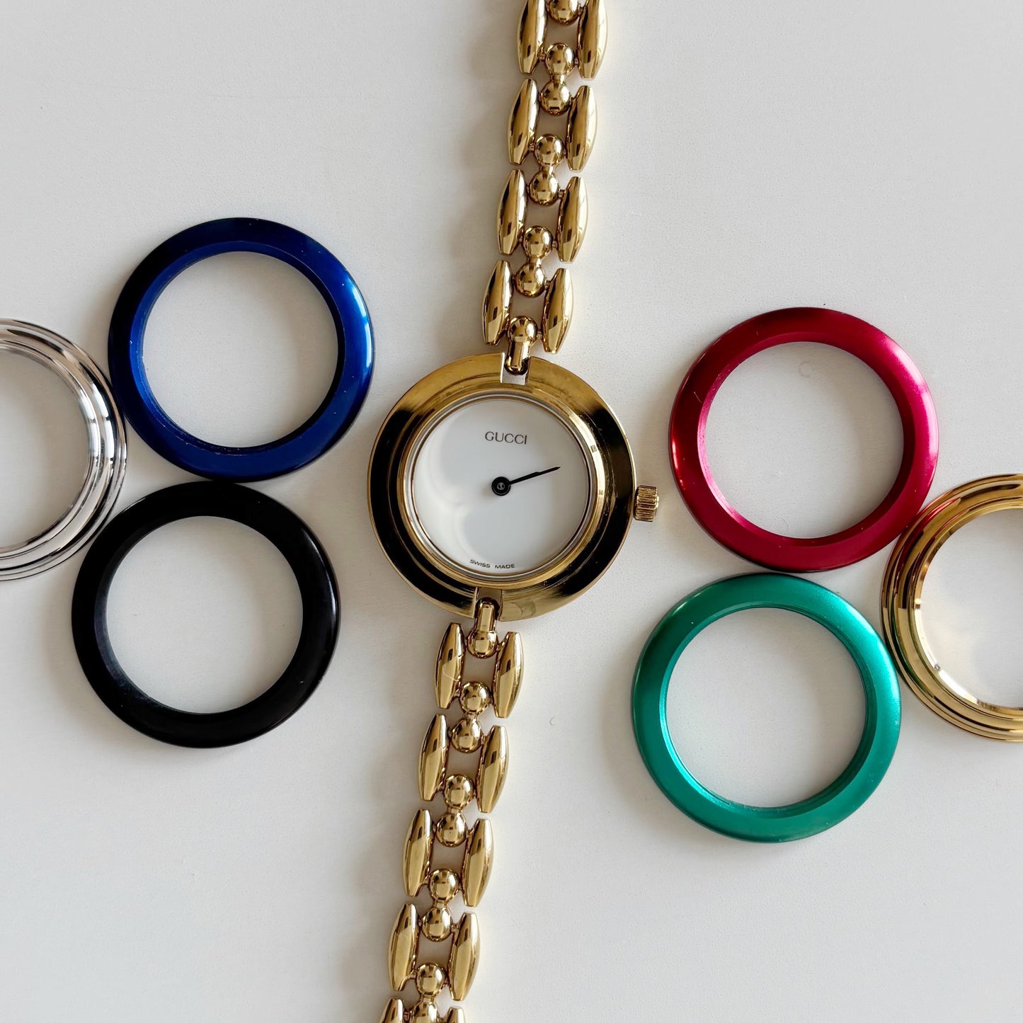 Gucci 1990s Interchangeable Bezel Gold Plated Watch with 6 bezels, case (167mm)