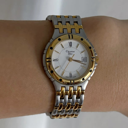 Dior 1990s Date Round Two Tone Watch