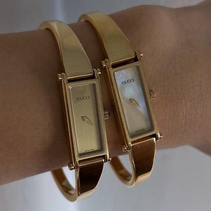 Gucci 1990s Gold Dial Gold Plated Rectangular Bangle Watch