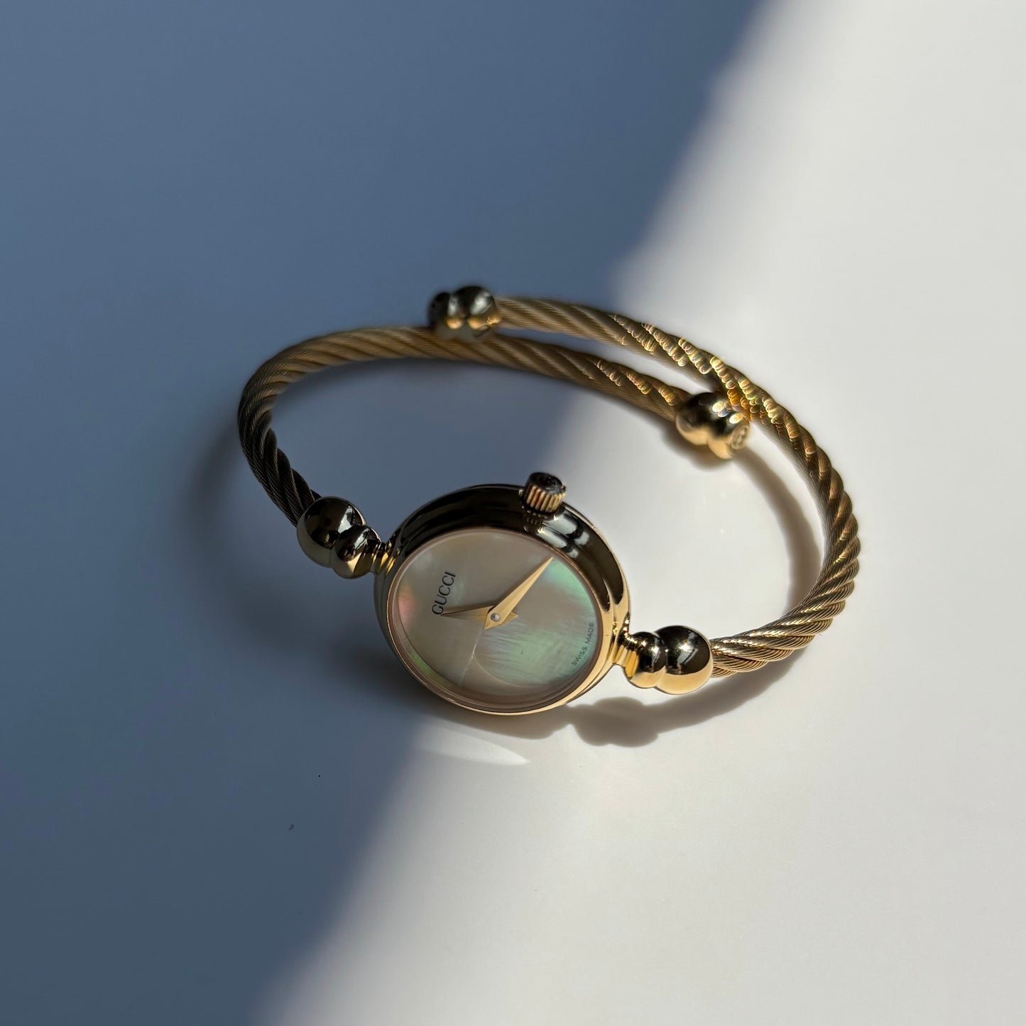 Gucci 1990s Seashell Dial Gold Plated Cable Bangle Watch