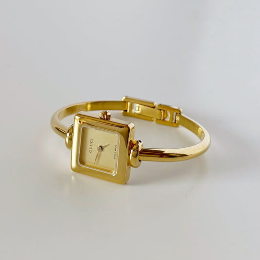 Gucci 1990s Square Dial Gold Plated Bangle Watch (Small)