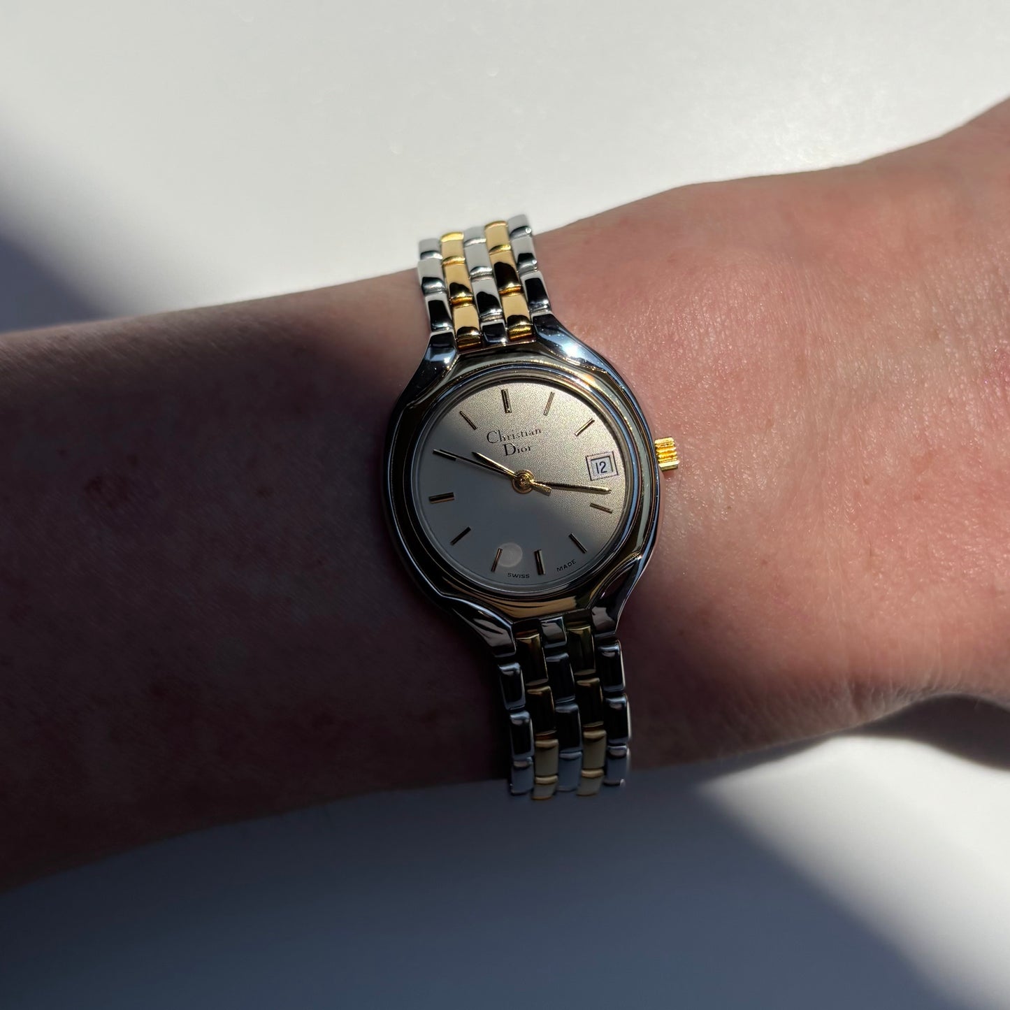 Dior 1990s Date Round Dial Two Tone Gold Plated Watch