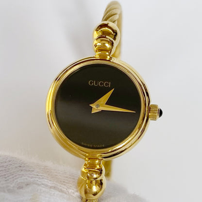 Gucci 1990s Black Dial Gold Plated Cable Bangle Watch