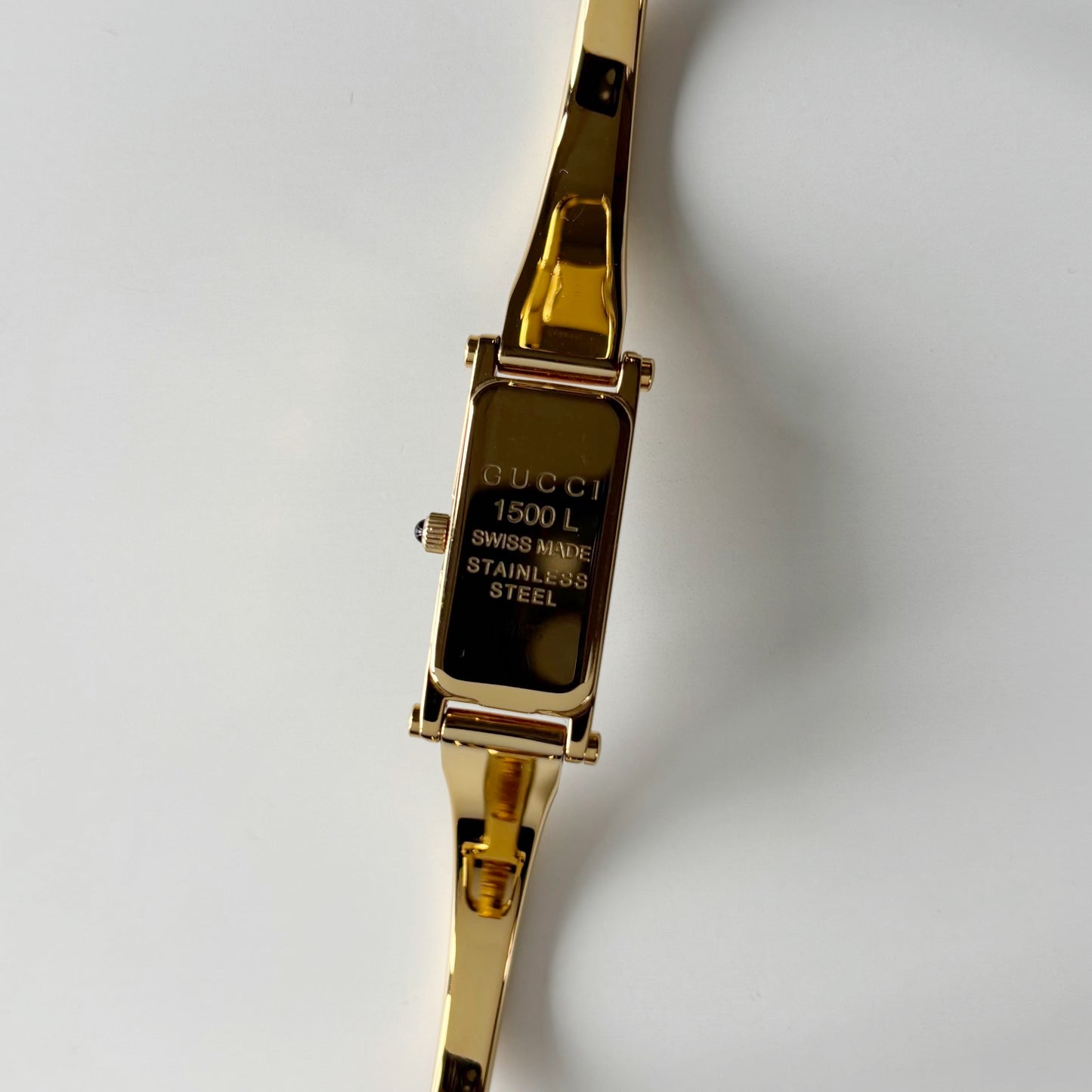 Gucci 1990s Seashell Rectangular Dial Gold Plated Bangle Watch