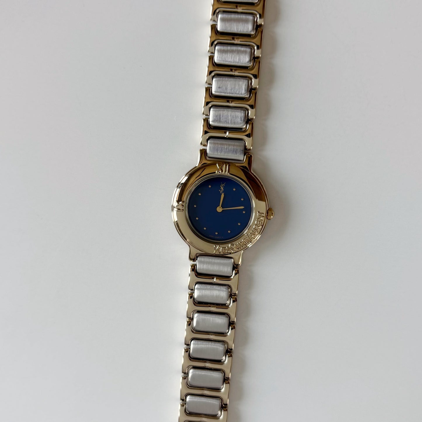 Yves Saint Laurent 1990s Navy Round Dial Two Tone Gold Plated Watch