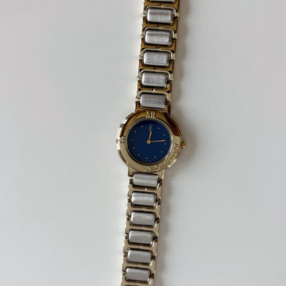 Yves Saint Laurent 1990s Navy Round Dial Two Tone Gold Plated Watch