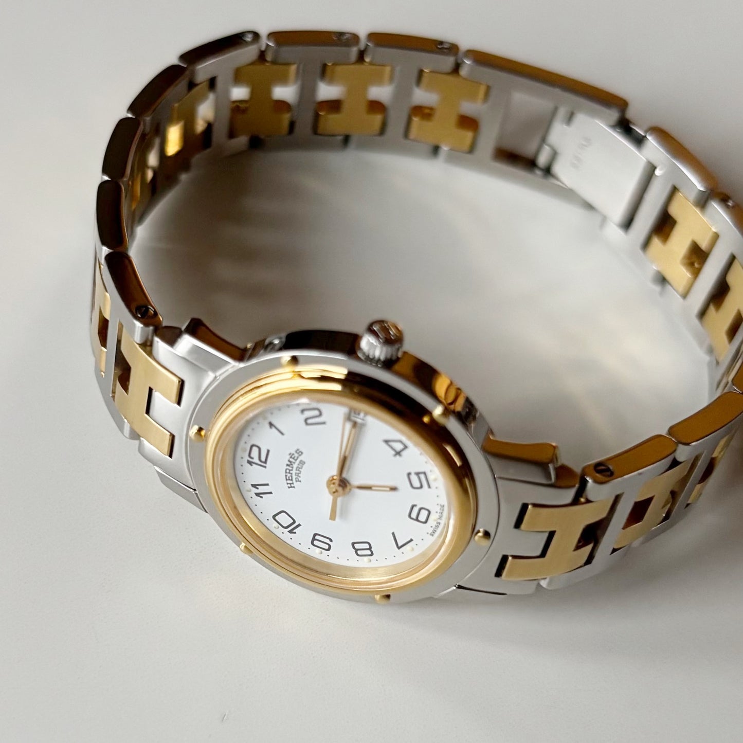 Hermes Early 2000s Clipper White Round Dial Two Tone Watch