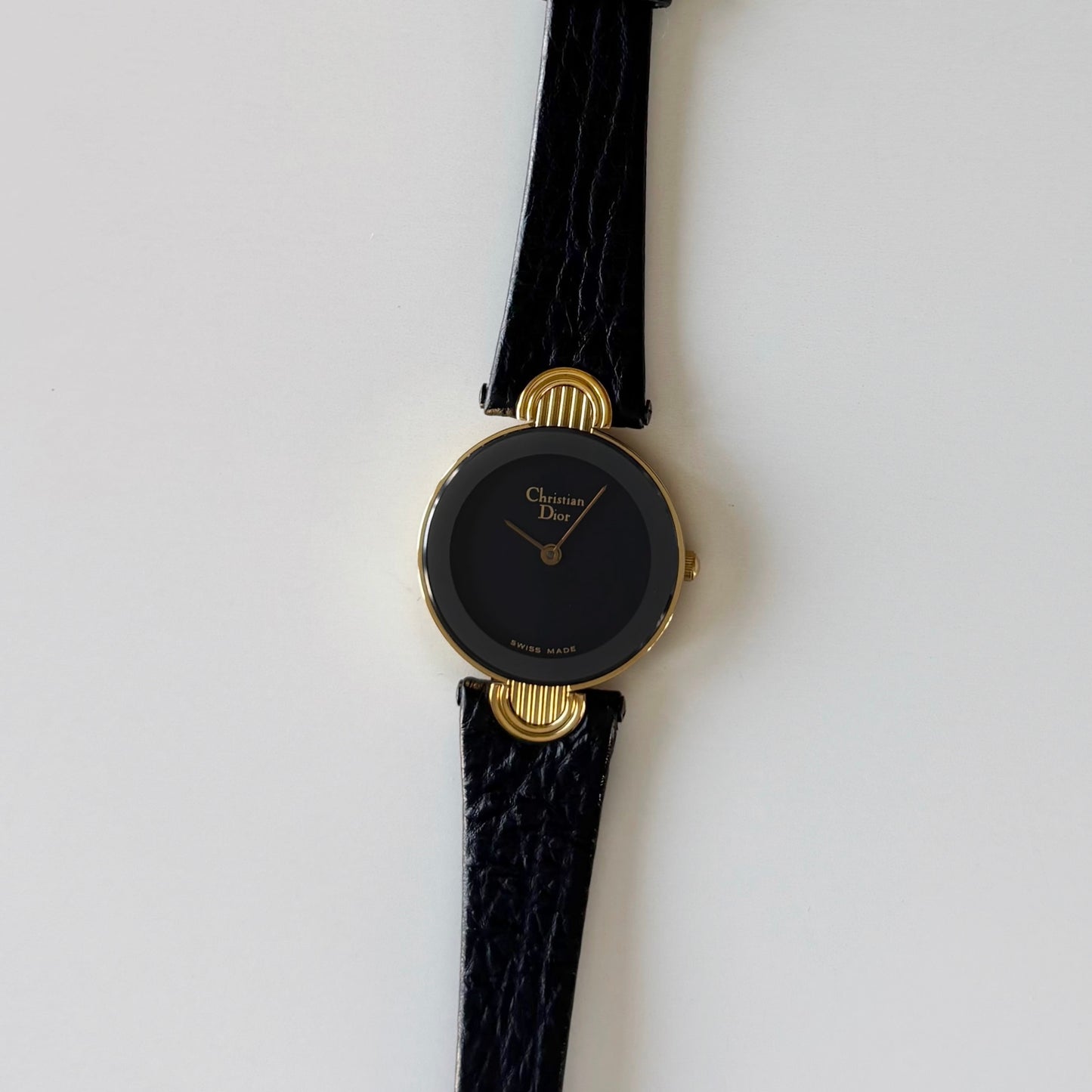 Dior 1990s Black Round Dial Gold Plated Watch