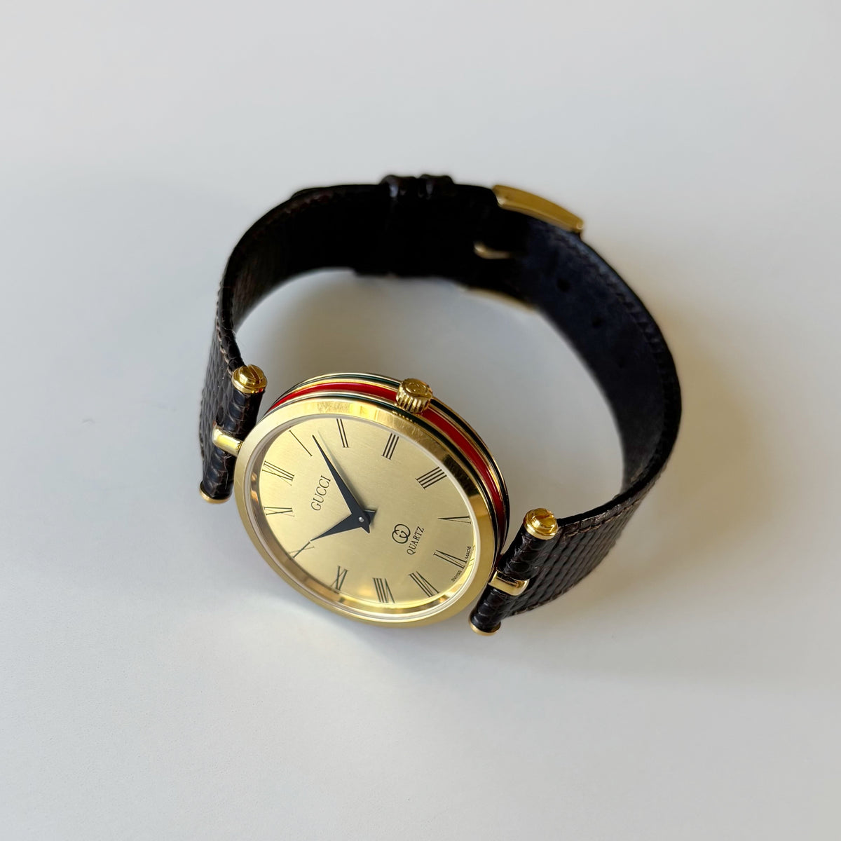 Gucci 1990s Round Gold Dial Gold Plated Watch (Large)