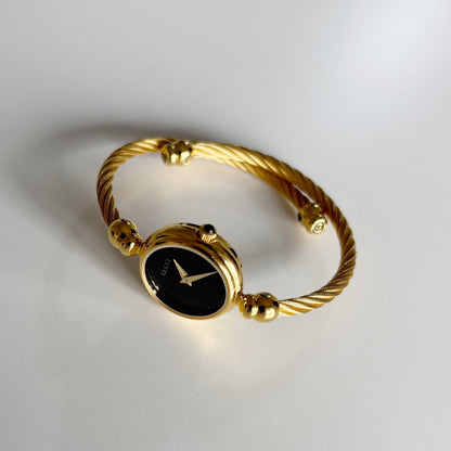 Gucci 1990s Black Dial Gold Plated Cable Band Bangle Watch