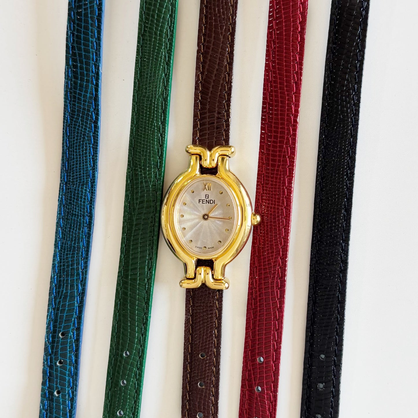 Fendi 1990s Interchangeable Belt Gold Plated Watch with 5 straps, case