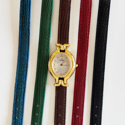 Fendi 1990s Interchangeable Belt Gold Plated Watch with 5 straps, case