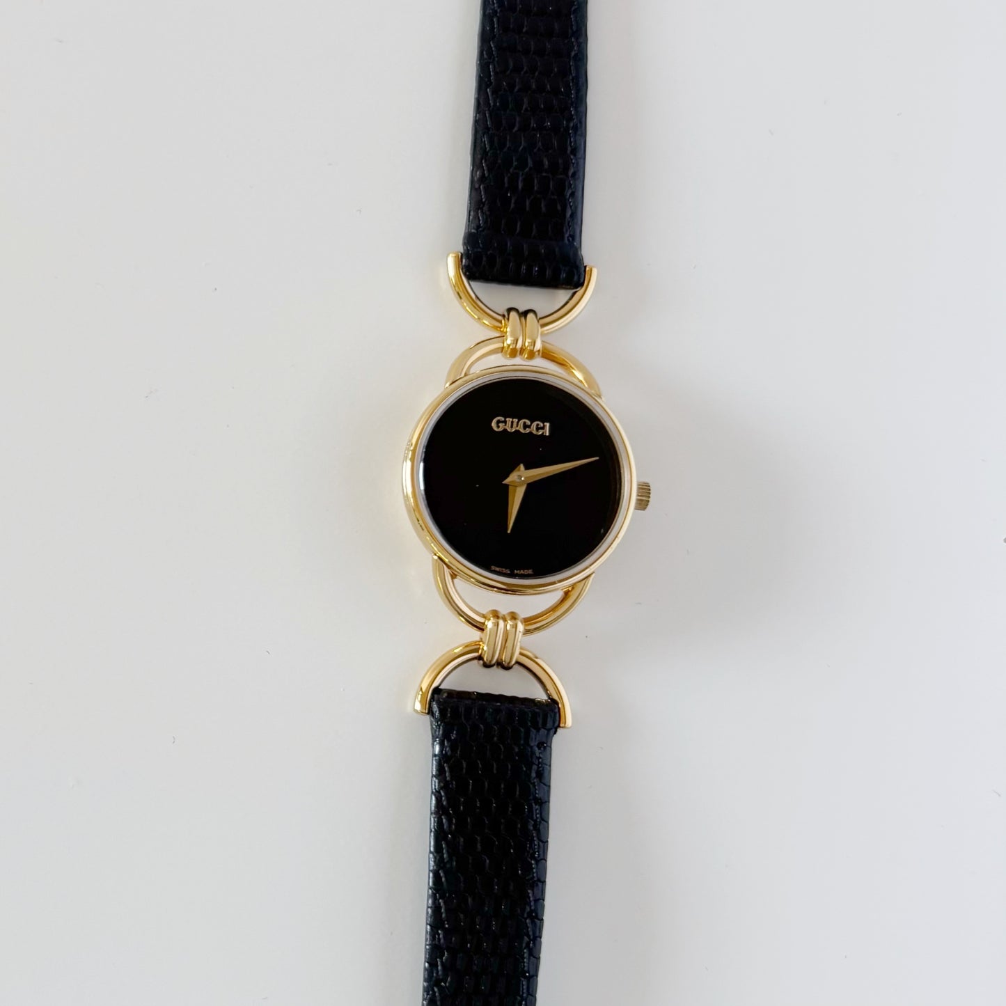 Gucci 1990s Black Dial Horsebit Gold Plated Watch