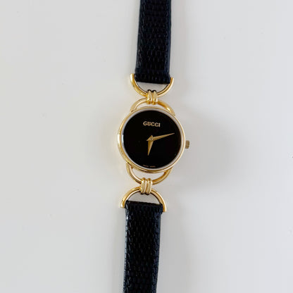 Gucci 1990s Black Dial Horsebit Gold Plated Watch