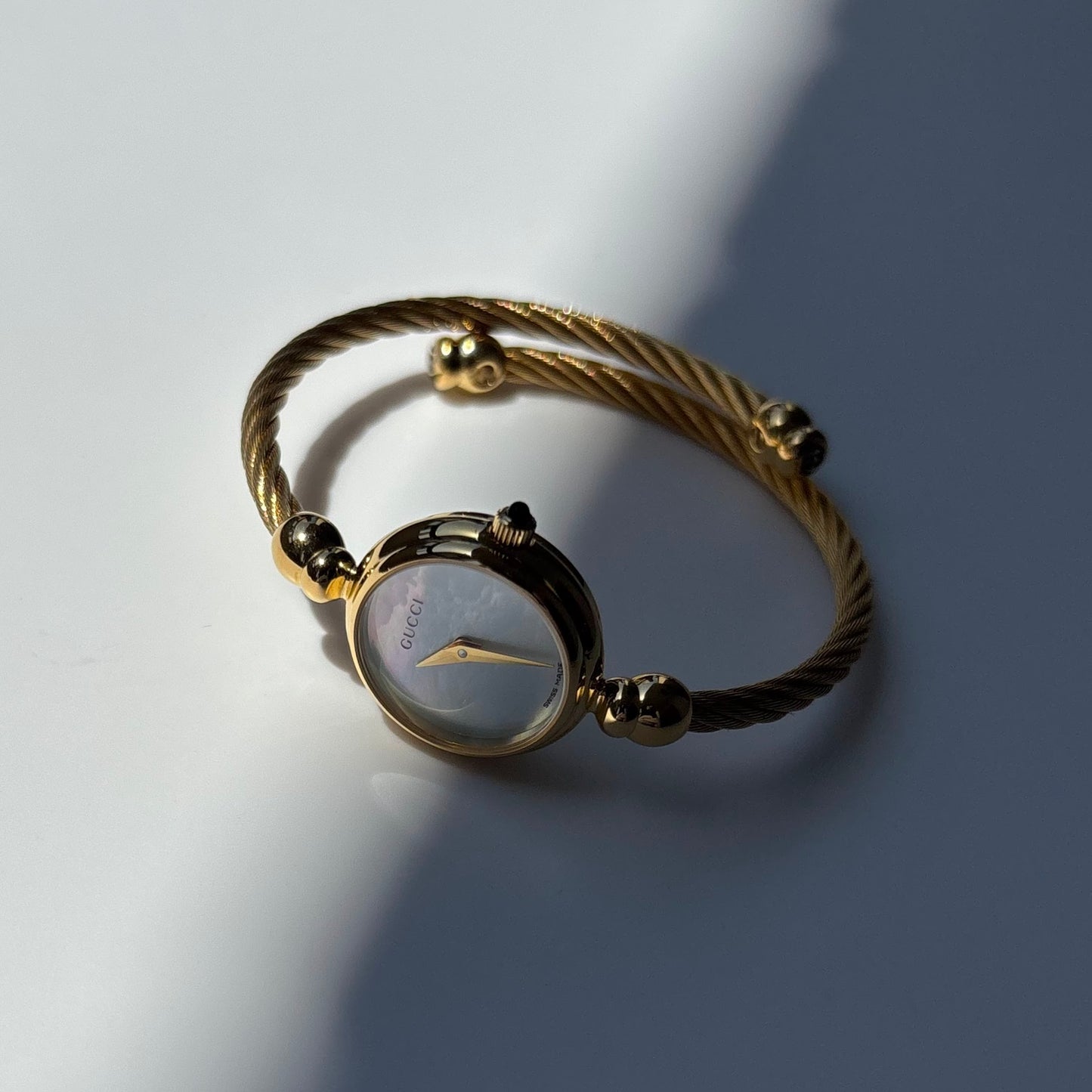 Gucci 1990s Seashell Dial Gold Plated Cable Bangle Watch