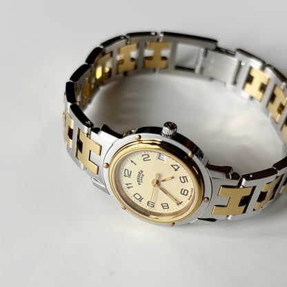 Hermes 1990s Clipper Date Round Dial Gold Plated Two Tone Watch