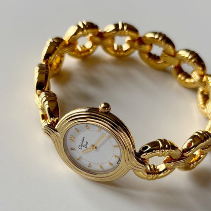 Dior 1990s Round Dial Interchangeable strap Gold Plated Watch with 3 straps, case