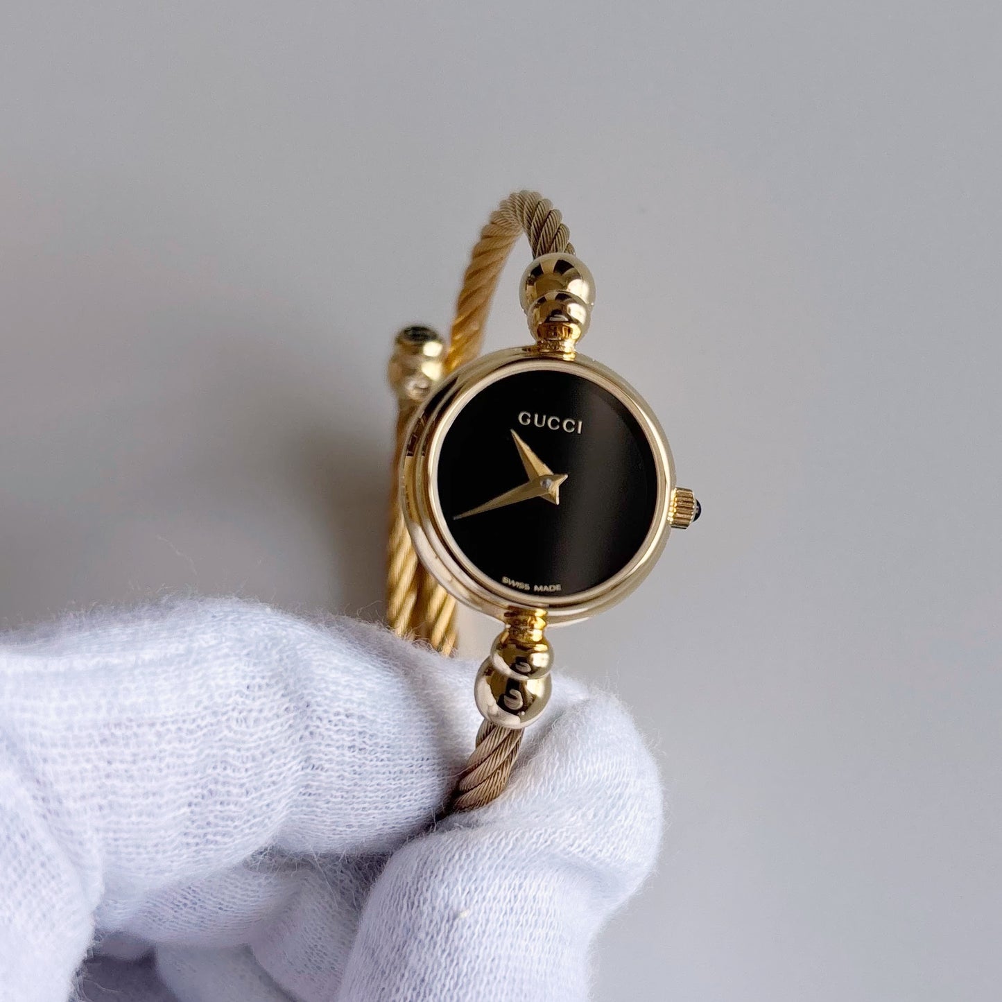 Gucci 1990s Black Dial Gold Plated Cable Band Bangle Watch