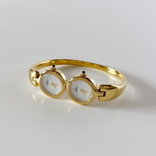Fendi 1990s Seashell Dial Two Time Zone Gold Plated Bangle Watch