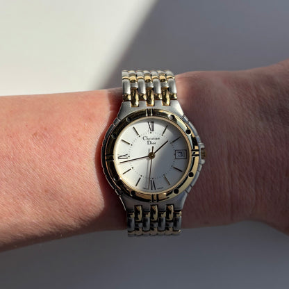 Dior 1990s Date Round Dial Gold Plated Two Tone Watch (Large)