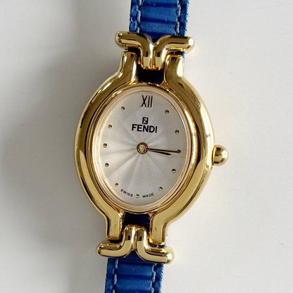 Fendi 1990s Interchangeable Strap Oval Dial Gold Plated Watch with 5 straps, case