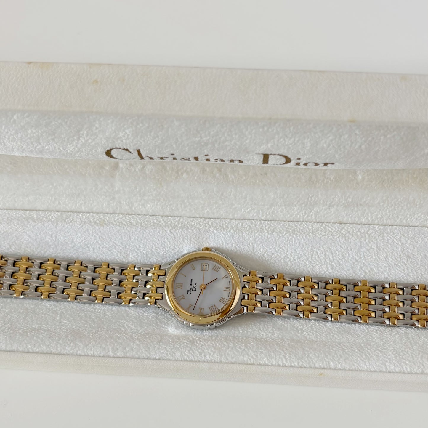 Dior 1990s Date Round Dial Two Tone Gold Plated Watch
