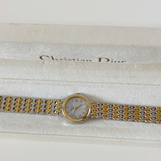 Dior 1990s Date Round Dial Two Tone Gold Plated Watch